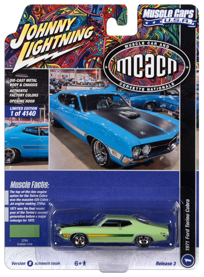 Johnny Lightning Muscle Cars 1971 Ford Torino Cobra (MCACN) (Grabber Lime w/Laser Side Stripe  & Black Hood Treatment) 1:64 Scale Diecast