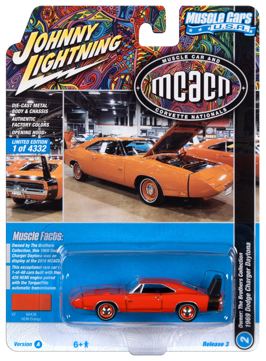 Johnny Lightning Muscle Cars 1969 Dodge Charger Daytona (MCACN) (Hemi Orange w/Black Rear Stripe) 1:64 Scale Diecast