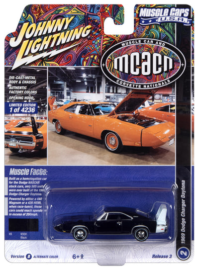 Johnny Lightning Muscle Cars 1969 Dodge Charger Daytona (MCACN) (Gloss Black w/White Rear Stripe) 1:64 Scale Diecast