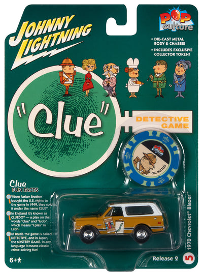 Johnny Lightning Vintage Clue 1970 Chevrolet Blazer (Colonel Mustard) w/Poker Chip 1:64 Scale Diecast