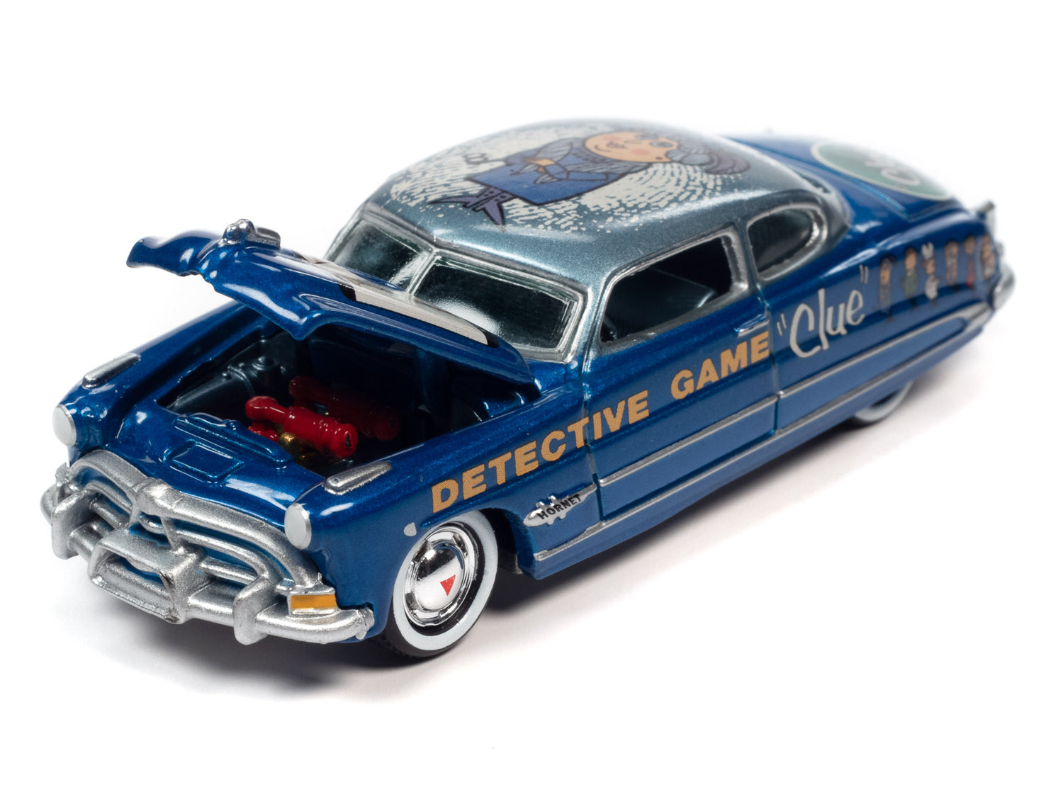 Johnny Lightning Vintage Clue - 1951 Hudson Hornet (Mrs. Peacock & Conservatory & Candlestick) w/Poker Chip 1:64 Scale Diecast