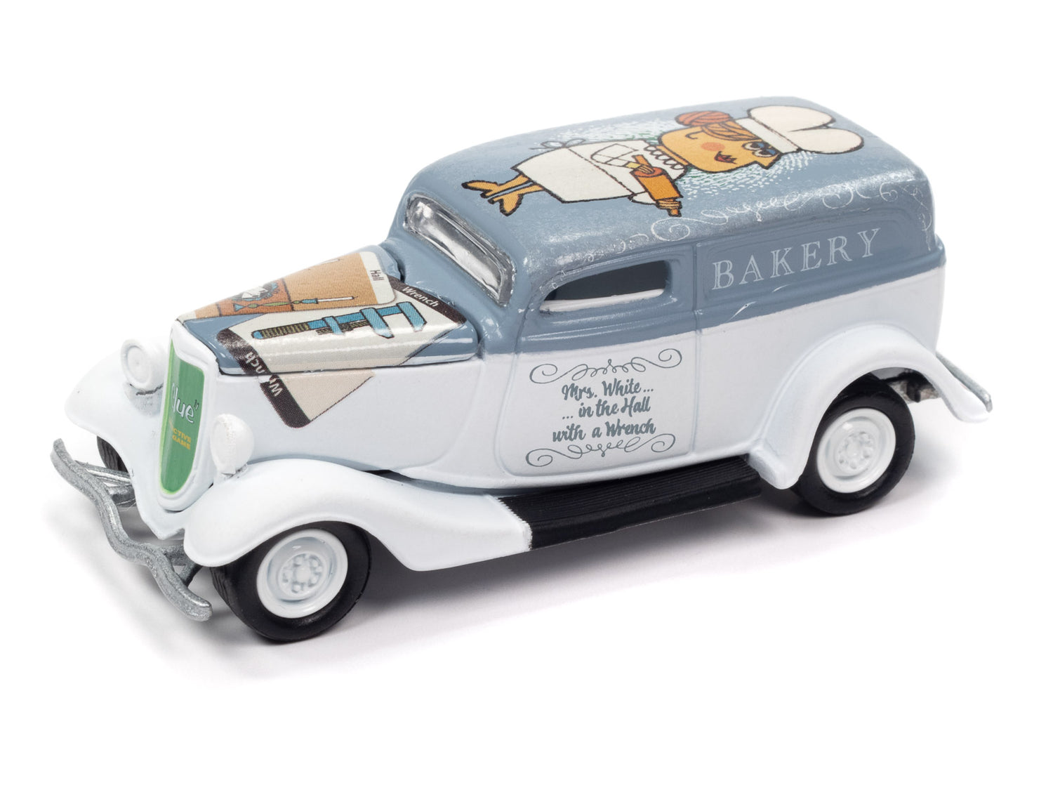 Johnny Lightning Vintage Clue 1933 Ford Delivery Mrs. White, Hall w/Wrench & Poker Chip 1:64 Scale Diecast