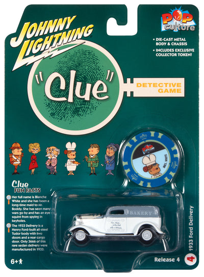 Johnny Lightning Vintage Clue 1933 Ford Delivery Mrs. White, Hall w/Wrench & Poker Chip