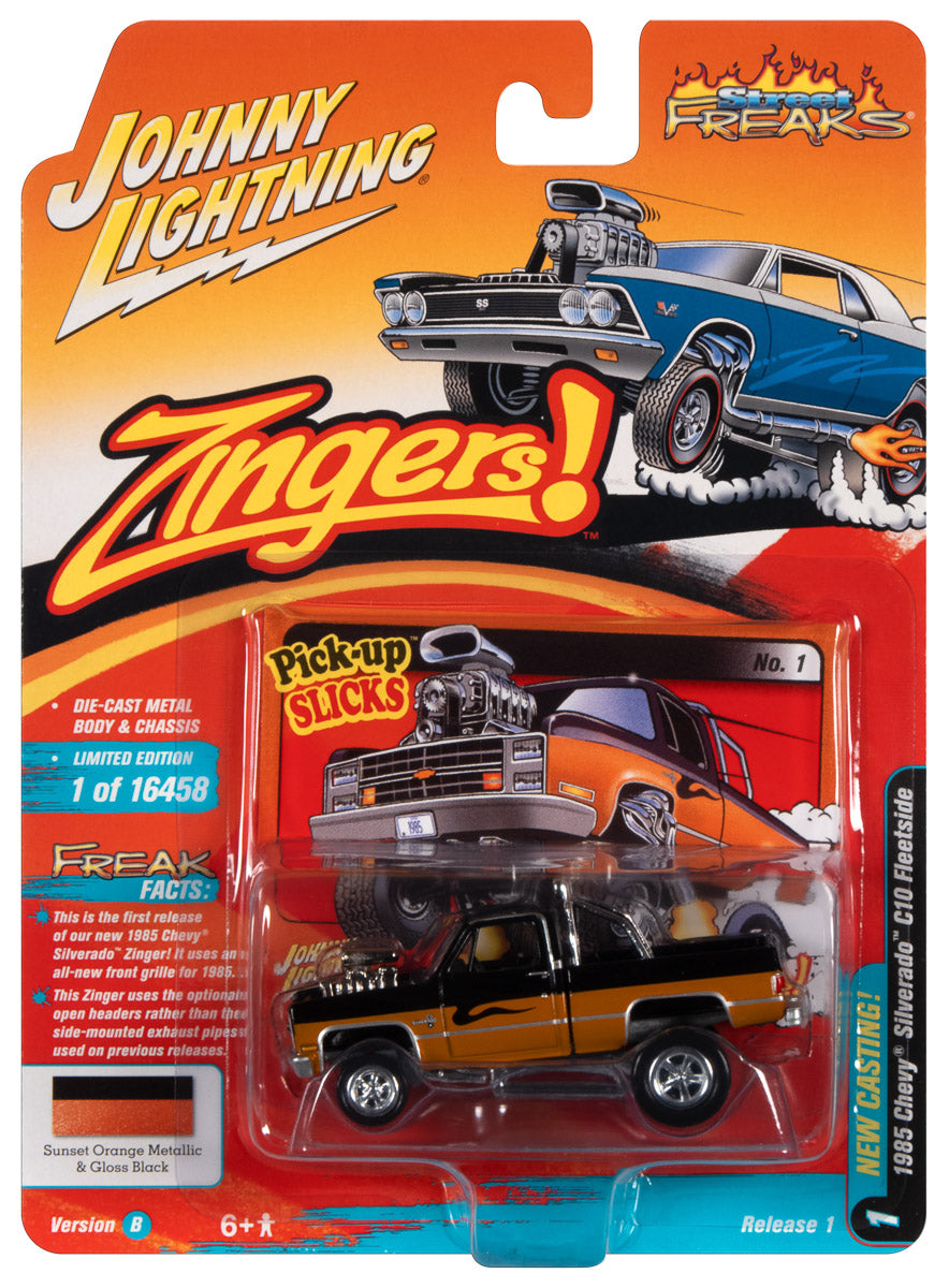 Johnny Lightning Street Freaks 1985 Chevrolet Silverado (Zinger) (Gloss Black & Sunset Orange Metallic) 1:64 Scale Diecast