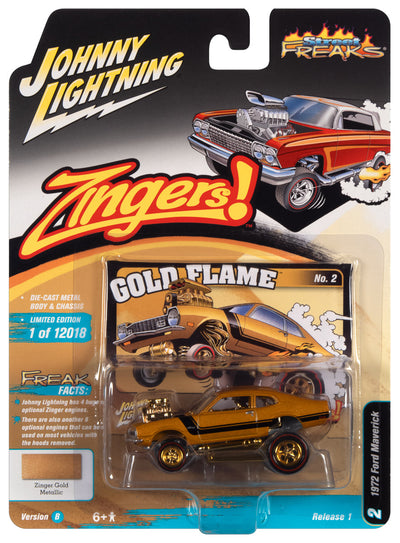 Johnny Lightning Street Freaks 1972 Ford Maverick (Zingers) (Solar Gold Metallic w/Black Stripe) 1:64 Scale Diecast