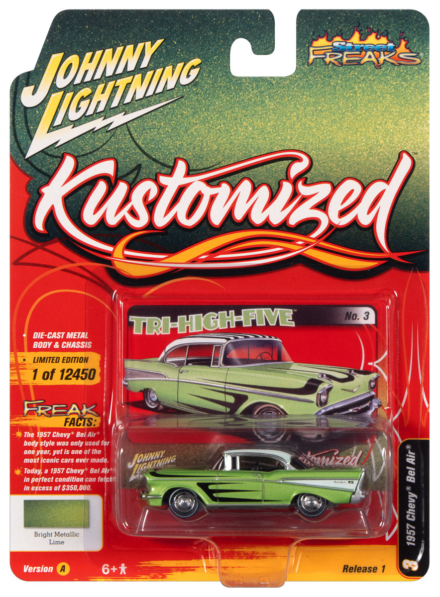 Johnny Lightning Street Freaks 1957 Chevrolet Bel Air (Kustomized) (Lime Metallic) 1:64 Scale Diecast