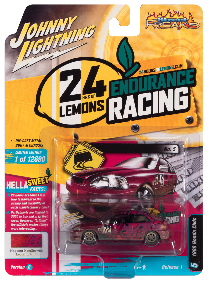 Johnny Lightning Street Freaks 1998 Honda Civic (24 Hrs of Lemons) (Magenta Metallic w/Fuchsia Leopard Print) 1:64 Scale Diecast