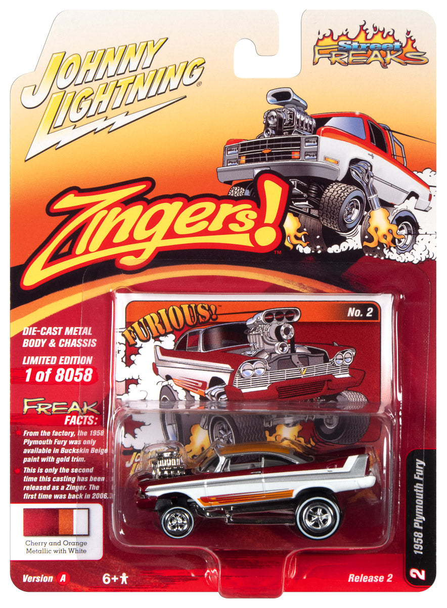Johnny Lightning Street Freaks 1958 Plymouth Fury (Zingers) (Cherry Metallic w/White) 1:64 Scale Diecast