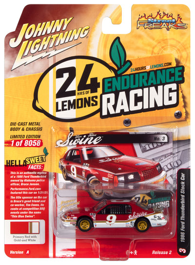 Johnny Lightning Street Freaks 1986 Ford Thunderbird Stock Car (24hrs of LeMons) (Red w/White and Gold Stripes) 1:64 Scale Diecast