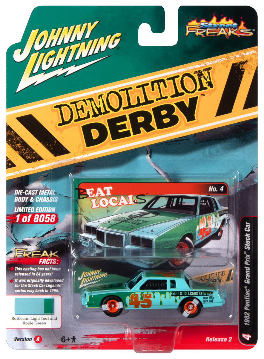 Johnny Lightning Street Freaks 1982 Pontiac Grand Prix Stock Car (Demolition Derby) ( Light Blue w/Green Graphics) 1:64 Scale Diecast