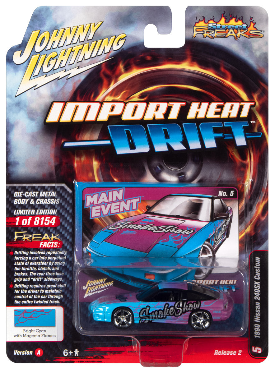 Johnny Lightning Street Freaks 1990 Nissan 240SX (Import Heat/Drift) (Cyan & Purple Smoke Show Graphics) 1:64 Scale Diecast