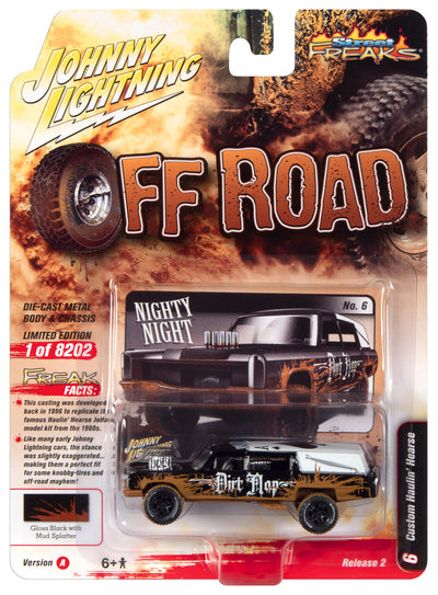 Johnny Lightning Street Freaks Haulin' Hearse (Off Road) (Gloss Black, White Roof w/Mud) 1:64 Scale Diecast