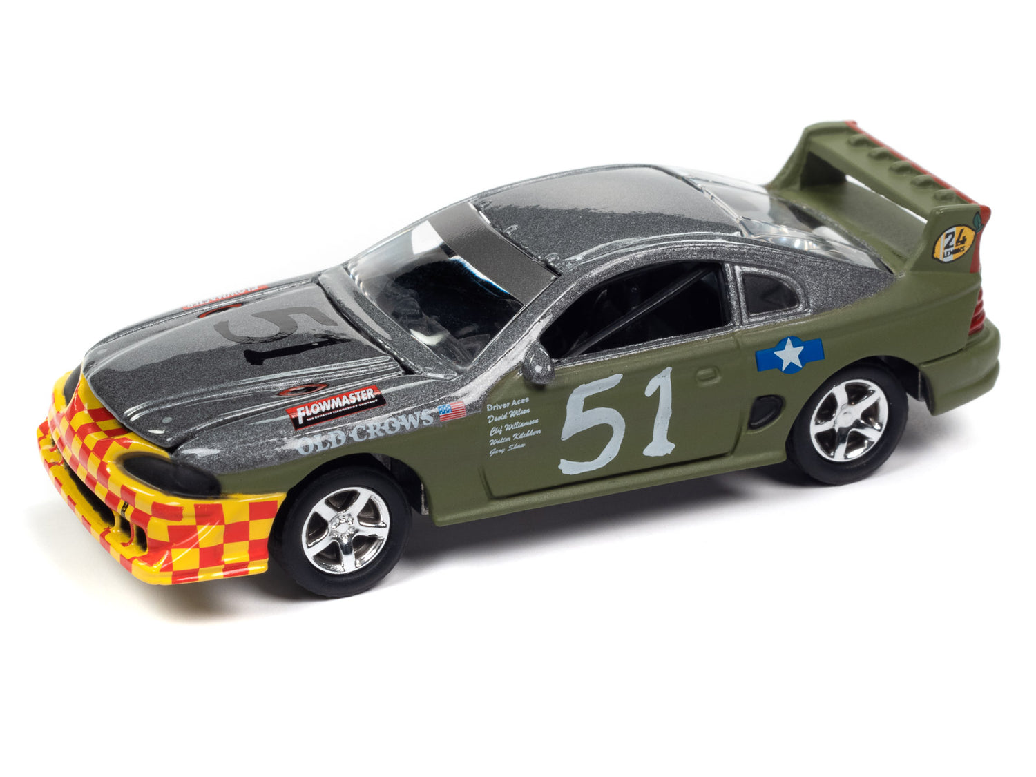 Johnny Lightning Street Freaks 1990s Ford Mustang Race Car (24hrs of LeMons) (Dark Silver/Army Green, Old Crows Graphics) 1:64 Scale Diecast
