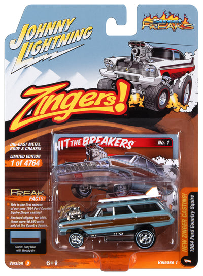 Johnny Lightning Street Freaks 1964 Ford Country Squire (Zingers) (Light Blue, Wood Paneling w/Surfboards) 1:64 Scale Diecast