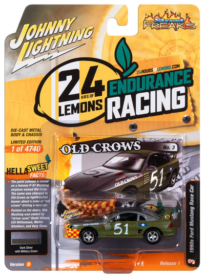 Johnny Lightning Street Freaks 1990s Ford Mustang Race Car (24hrs of LeMons) (Dark Silver/Army Green, Old Crows Graphics) 1:64 Scale Diecast