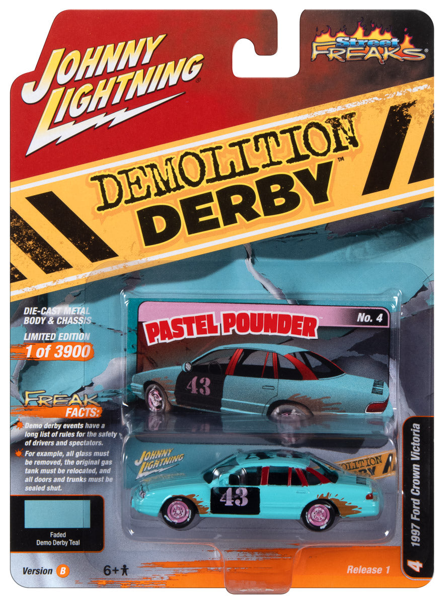Johnny Lightning Street Freaks 1997 Ford Crown Victoria (Demolition Derby) (Light Teal w/Derby Graphics) 1:64 Scale Diecast