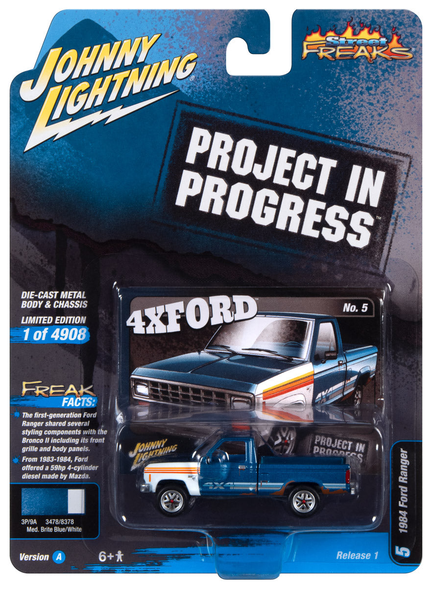 Johnny Lightning Street Freaks 1984 Ford Ranger (Project in Progress) (Medium Brite Blue w/White Mismatched Panels) 1:64 Scale Diecast