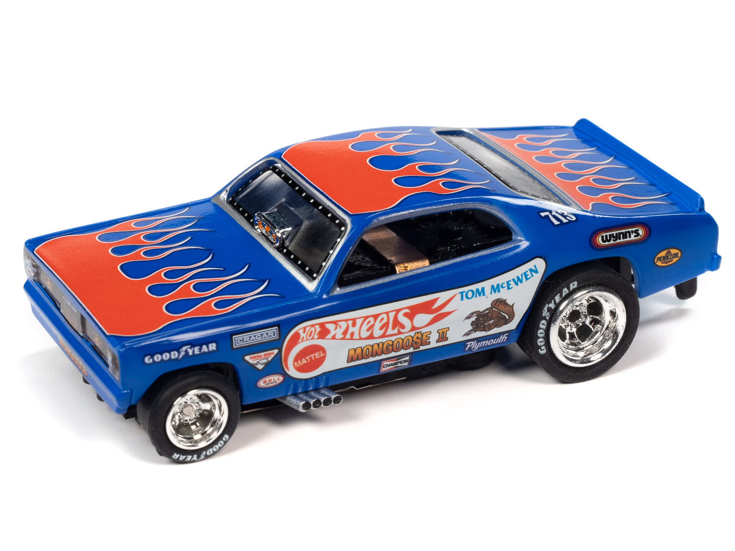 Auto World 4Gear Hot Wheels - Tom McEwen / Mongoose II 1972 Plymouth Duster Funny Car (Blue with Flames)  HO Scale Slot Car