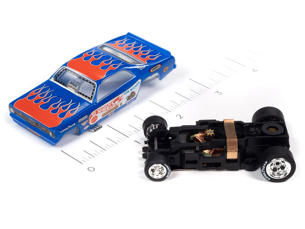 Auto World 4Gear Hot Wheels - Tom McEwen / Mongoose II 1972 Plymouth Duster Funny Car (Blue with Flames)  HO Scale Slot Car