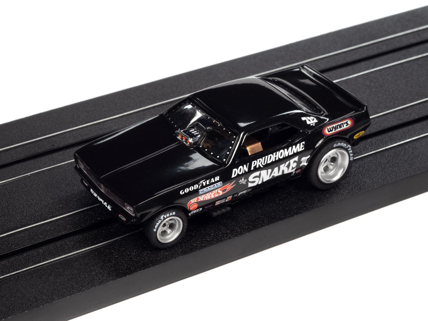 Auto World 4Gear Hot Wheels - Don The Snake Prudhomme 1973 Plymouth Cuda Funny Car (Black) HO Scale Slot Car
