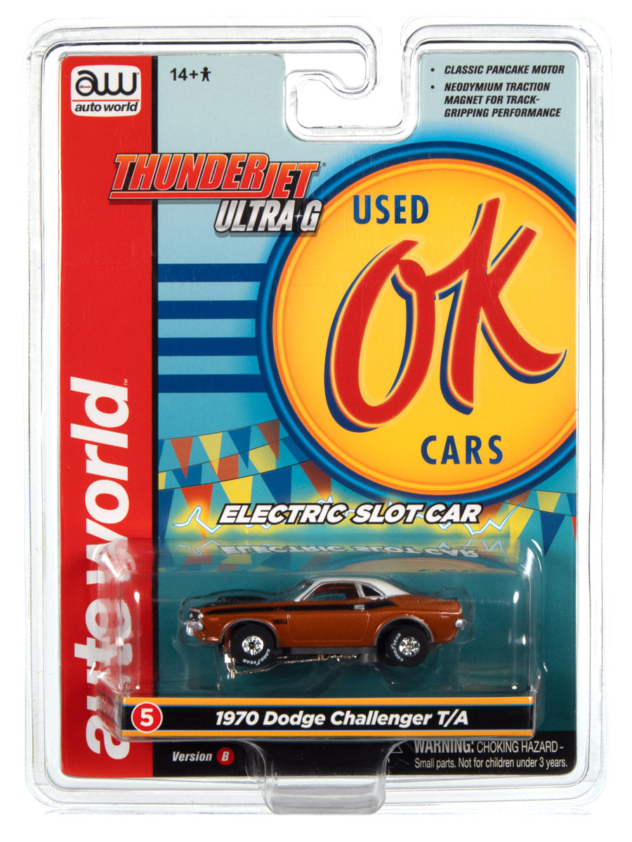 Auto World Thunderjet OK Used Cars 1970 Dodge Challenger T/A (Burnt Orange)  HO Scale Slot Car