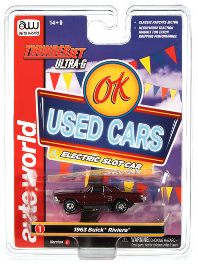 Auto World Thunderjet OK Used Cars 1963 Buick Riviera (Burgundy) HO Scale Slot Car