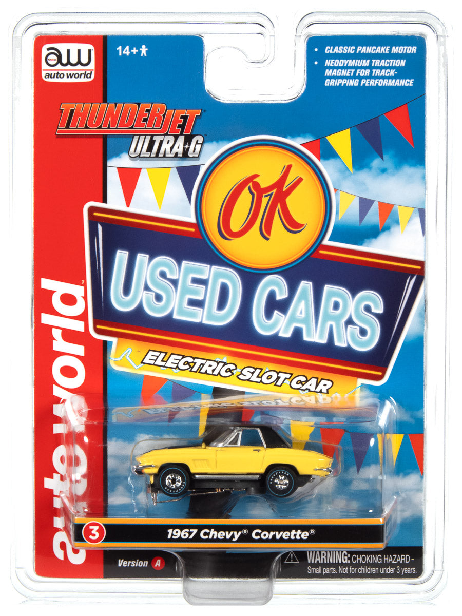 Auto World Thunderjet OK Used Cars 1967 Chevrolet Corvette (Yellow) HO Scale Slot Car