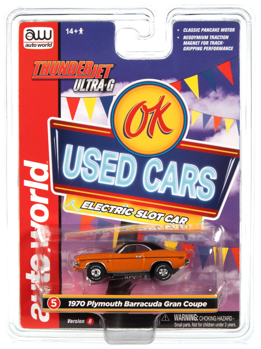 Auto World Thunderjet OK Used Cars 1970 Plymouth Barracuda Gran Coupe (Orange) HO Scale Slot Car