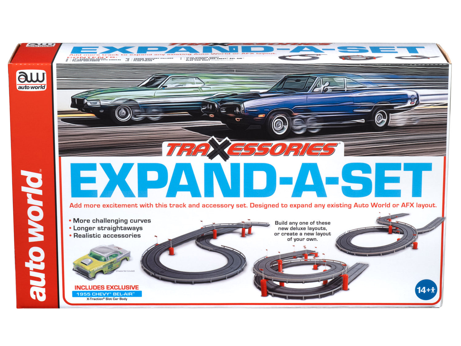 Auto World 7' Track & Accessory Expand-A Set w/XT 1955 Chevy Bel Air Gasser Body HO Scale